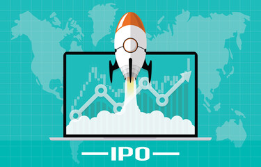 IPO or Initial Public Offering corporate stock market, company growth concept. Design by financial charts elements and rocket flying on laptop. Vector illustration of startup investment strategy style