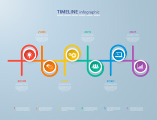 Infographics timeline template with realistic colorful circles for 6 steps and icons. Can be used for workflow layout, diagram, number options, step up options, web design, infographics, presentations