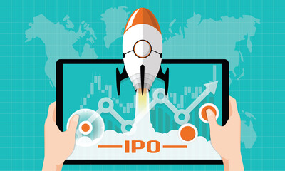 IPO or Initial Public Offering corporate stock market, company growth concept. Design by financial charts elements and rocket flying on gaming tablet. Vector of startup investment strategy style