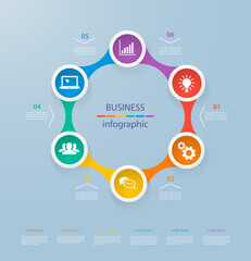 Obraz premium Infographics template with realistic colorful circles for 6 steps and icons. Can be used for workflow layout, diagram, number options, step up options, web design, infographics, presentations