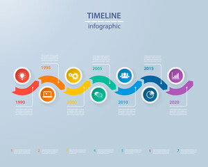 Infographics timeline template with realistic colorful circles for 7 steps and icons. Can be used for workflow layout, diagram, number options, step up options, web design, infographics, presentations