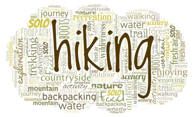 Hiking activity word cloud isolated on a white background.