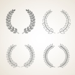 Set of black and white silhouette hand drawn laurel foliate and oak wreaths depicting an award, achievement, heraldry, nobility. Vector illustration.