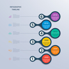 Infographics timeline template for 6 steps and icons. Can be used for workflow layout, diagram, number options, step up options, web design, infographics, presentations