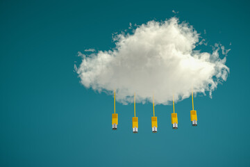 3D render: Cloud Computing Concept - Five yellow ethernet cables hanging from a cloud. Blue/Green...