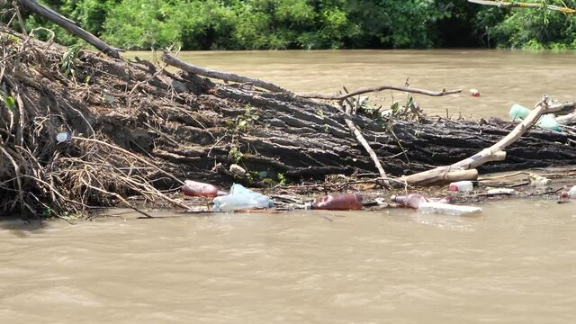 Large mass of river drift, garbage pile, deposit branches wood, pile of wood, plastic bottles, waste and debris floating on the river Tisza making the river water dirty, unhealthy and dangerous
