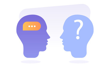 Human heads silhouette with speech bubble and question mark. Self questioning. Cognitive psychology or psychiatry. Help and advice. Mental health. Modern isolated flat vector illustration