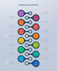 Infographics timeline template for 12 steps and icons. Can be used for workflow layout, annual report, diagram, number options, step up options, web design, infographics, presentations