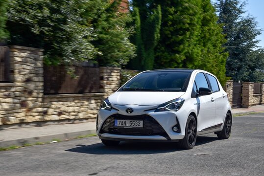 Toyota Yaris hybrid. Prague, Czech Republic. 06-14-2019,  Car in the ride.