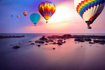 Hot air balloon flying over  the sea