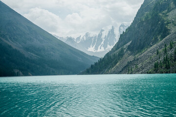 Amazing view to meditative ripples on azure clear calm water of mountain lake on background of...