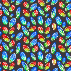 Naklejka premium seamless pattern of bright colorful leaves on a black background. Leaf pattern. Botanical pattern. The autumn pattern. Design for paper, clothing, textiles, blogs. vector illustration
