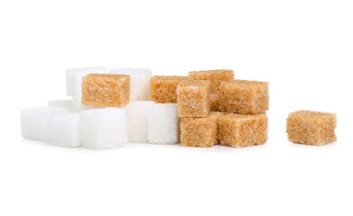White and cane brown sugar cubes on white background isolation