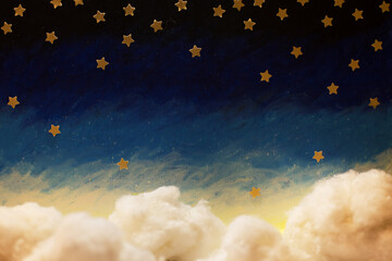 Cartoon painted night sky with bright paper stars and cotton handmade clouds. Blue white gradient. Fairytale magic dreamy mood, copy space