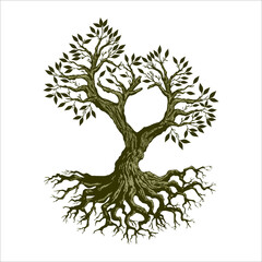 Root Of The Tree logo illustration. Vector silhouette of a tree, Progettazione del paesaggio creativo concetto vettoriale. Targa organica con albero con radici all'interno del cerchio su sfondo .
