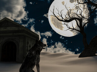 Fototapeta premium Illustration of a wolf during the full moon in winter with a creepy tree and an old crypt