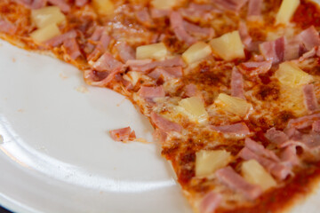 hawaiian pizza with ham, pepperoni, tomatoes on wooden table