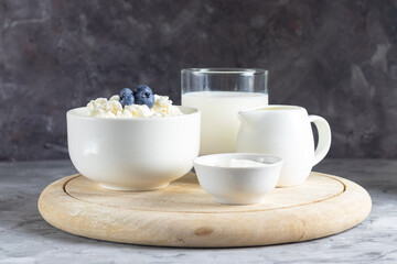 Grain cottage cheese in a white plate with sour cream, cream and milk on a gray background