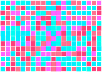 Mosaic from vector squares with trendy red, blue and pink colors and different sized borders in shades of pink for web, cover, wrapping paper, art, etc. backgrounds