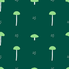 Simple inedible abstract mushroom seamless pattern. Cute green forest surface design