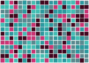 Mosaic from vector squares with trendy green  and pink colors and different sized borders in shades of pink for web, cover, wrapping paper, art, etc. backgrounds