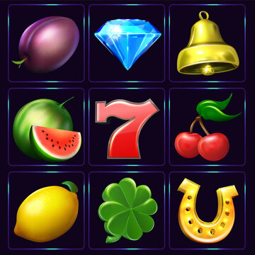 Set of casino slot machine symbols isolated on dark background. 3D illustrations, renders of plum, diamond, bell, watermelon, seven, cherry, lemon,  clover and horseshoe 3D models