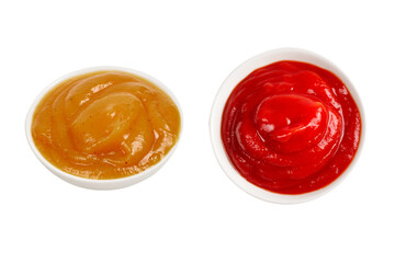 Orange sauce in white plate on white background.