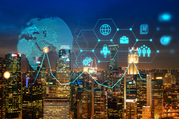 Technological development glowing icons. Night panoramic city view of Singapore. Concept of...