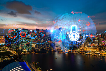 Hologram of Padlock on sunset panoramic cityscape of Singapore, Asia. The concept of cyber security intelligence. Multi exposure.