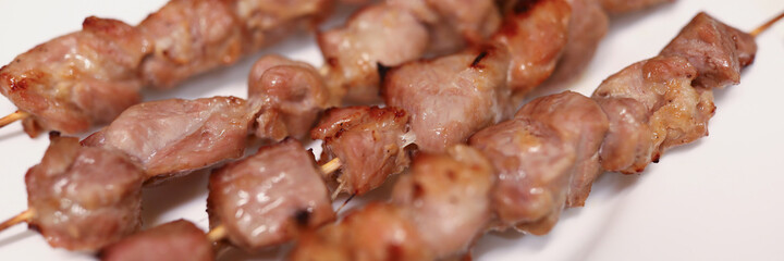 On plate are delicious ready-made kebabs on skewer. Barbecue at home. Step by step recipe. Prepare restaurant meal at home during quarantine. Traditional cooking training in self-isolation