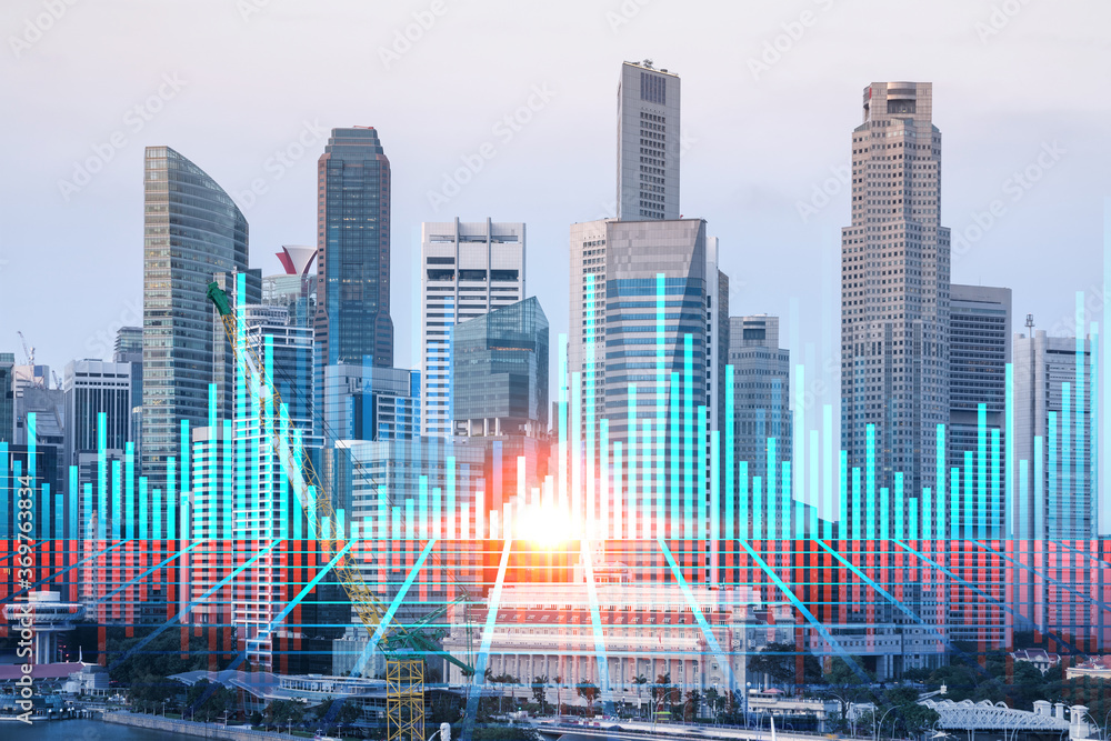 Wall mural forex and stock market chart hologram over panorama city view of singapore, the financial center in 