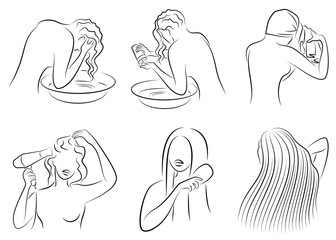 Collection. Silhouette of a woman washes her head. Lady dries her hair with a towel and hairdryer. Pretty haircut. Vector illustration set.