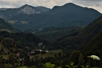 Fototapeta na wymiar A beautiful village on Carpathian mountain with nice buildings, hills, forest, stone