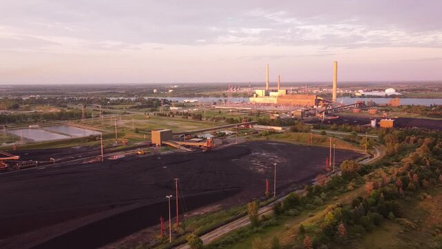 M-29 Trunkline Highway Across The St. Clair Power Plant In East China Township, Michigan, USA.-  aerial drone
