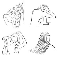 Collection. Silhouette of a woman washes her head. Lady dries her hair with a towel and hairdryer. Pretty haircut. Vector illustration set.