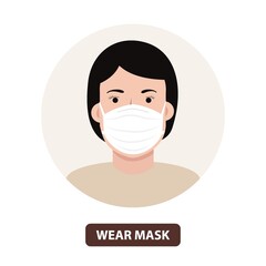 Woman wear mask vector. Vector Wear Face Mask sign for women. Warning sign recommend use of protective face mask in prevention vs virus infection in health care. Coronavirus protection mask