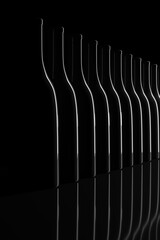 Row of backlit bottles on black background. 3d illustration.