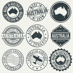 Australia Set of Stamps. Travel Stamp. Made In Product. Design Seals Old Style Insignia. © josepperianes