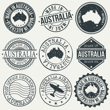 Australia Set of Stamps. Travel Stamp. Made In Product. Design Seals Old Style Insignia.