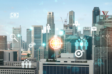 Research and development hologram over panorama city view of Singapore, hub of new technologies to...