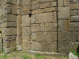 Detail of Petroglyphs engraved on the apse. Romanesque Church of Santa Eulalia in the village of...