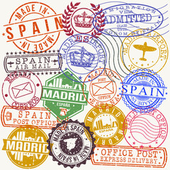 Fototapeta premium Madrid Spain Stamp Vector Art Postal Passport Travel Design Set Badge Rubber.