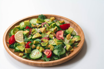 Fresh and healthy summer salad with cucumbers, tomatoes, avocado, arugula, sunflower seeds, lemons and chili flakes. Seasoned with olive oil. White background