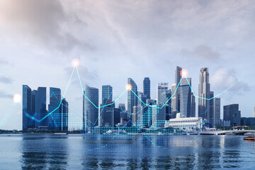 Fototapeta premium Financial stock chart hologram over panorama city view of Singapore, business center in Asia. The concept of international transactions. Double exposure.