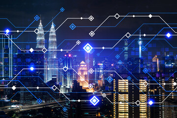 Information flow hologram, night panorama city view of Kuala Lumpur. KL is the largest technological center in Malaysia, Asia. The concept of programming science. Double exposure.