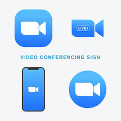 Live video conference vector camera icon. Blue live video meeting sign for online call. Webinar streeming camera. Video call graphic concept of business conversation button isolated on white. SET V2