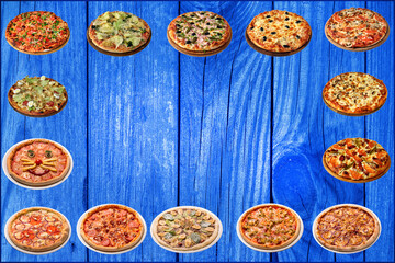 Frame for lettering and design from a set of pizzas isolated on a wooden blue background. Place for an inscription. Copy space