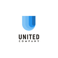 Initial Letter U with Layered Blue Color logo design for Unity United business