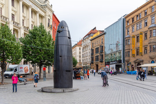 BRNO, CZECH REPUBLIC - JUNE 19, 2020: Bizarre black astronomical clock. Modern art in the city centre, Brno, Czech Republic