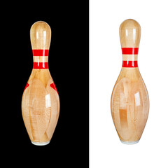 Wooden pin for bowling isolated on a white and black background - 369770425